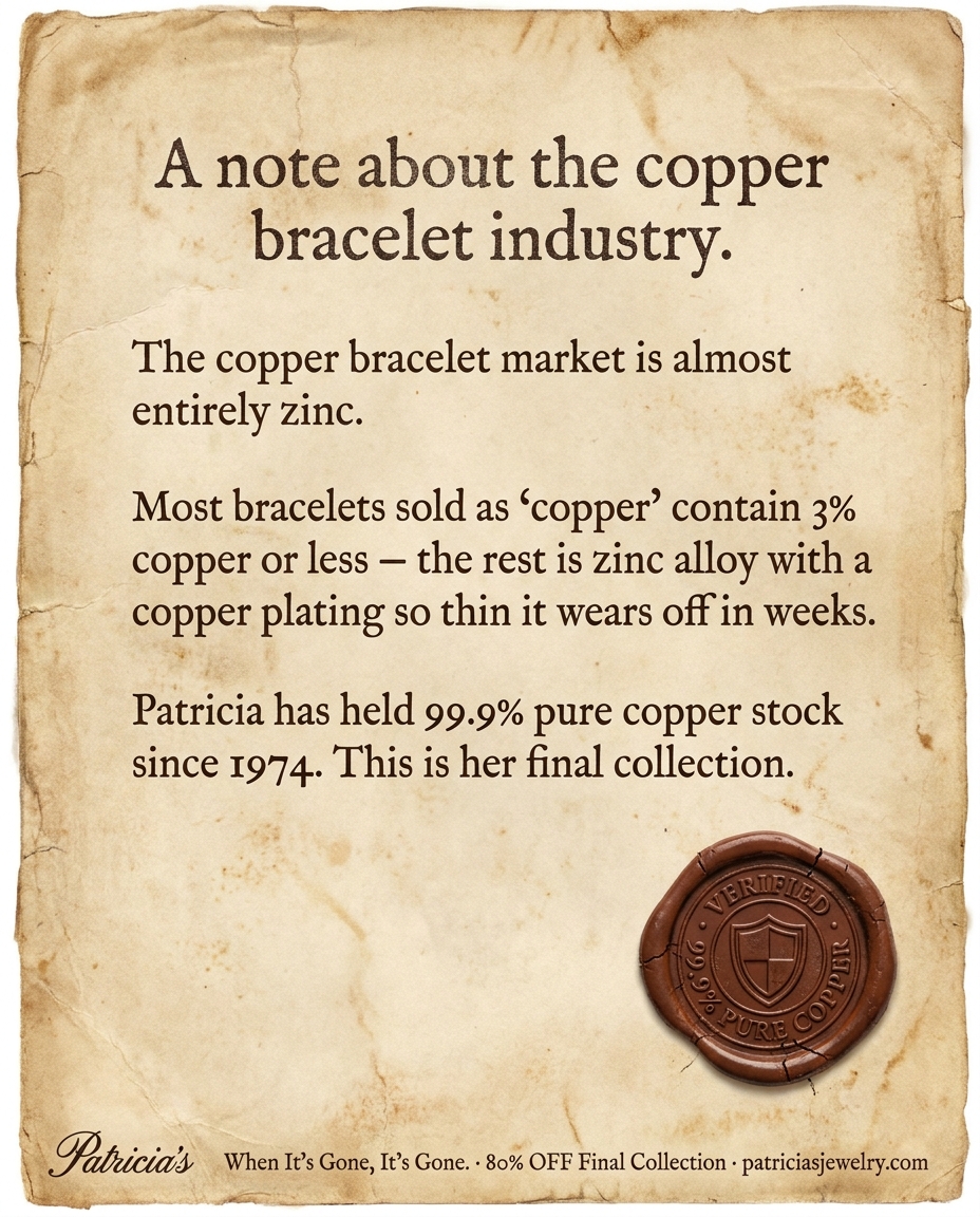 Patricia's copper Facebook ad: Nobody talks about what's actually in these bracelets.