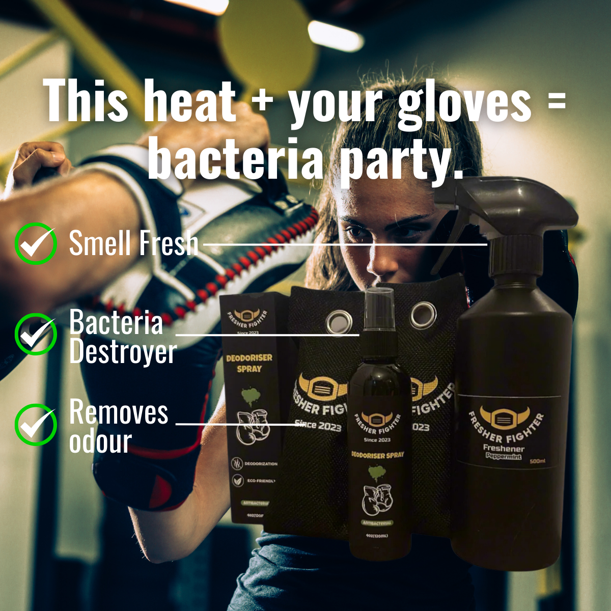 Fresher Fighter LTD Facebook ad: Stop the Bacteria Party in Your Boxing Gloves