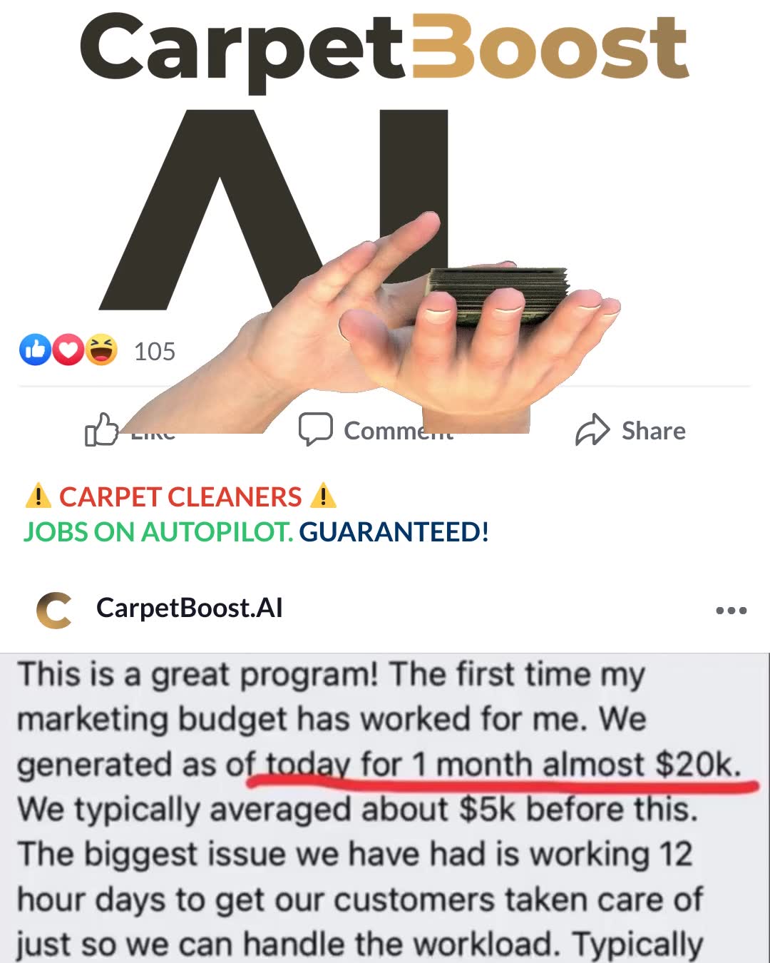 CarpetBoost.AI Facebook ad from Apr 10, 2026