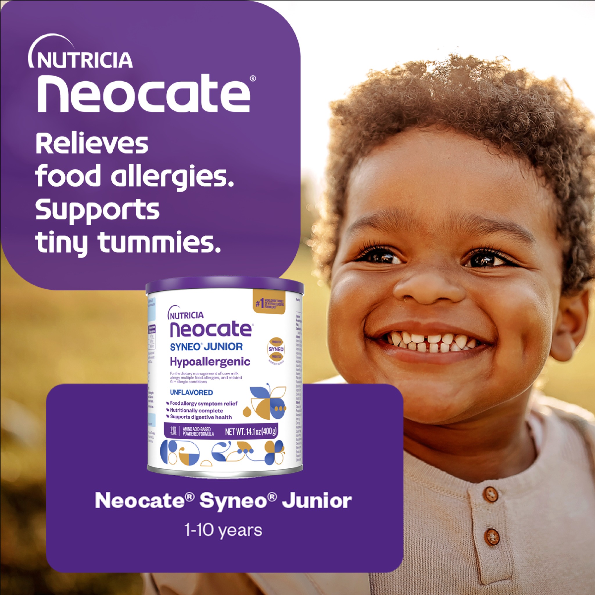 Pepticate & Neocate Facebook ad: Food allergy relief starts here.