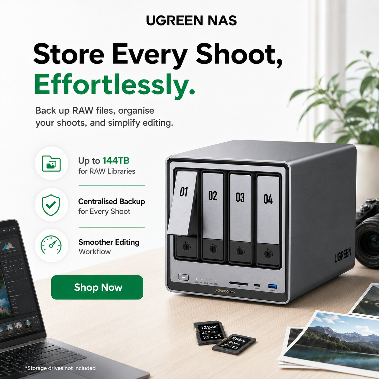 Ugreen NASync UK Facebook ad: Store Every Shoot, Effortlessly