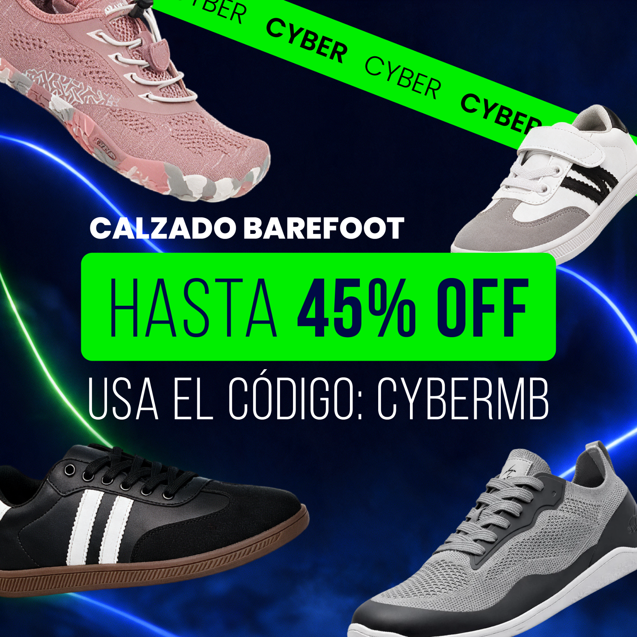 Mundo Barefoot Facebook ad: Hasta 45% OFF · Código CYBERMB