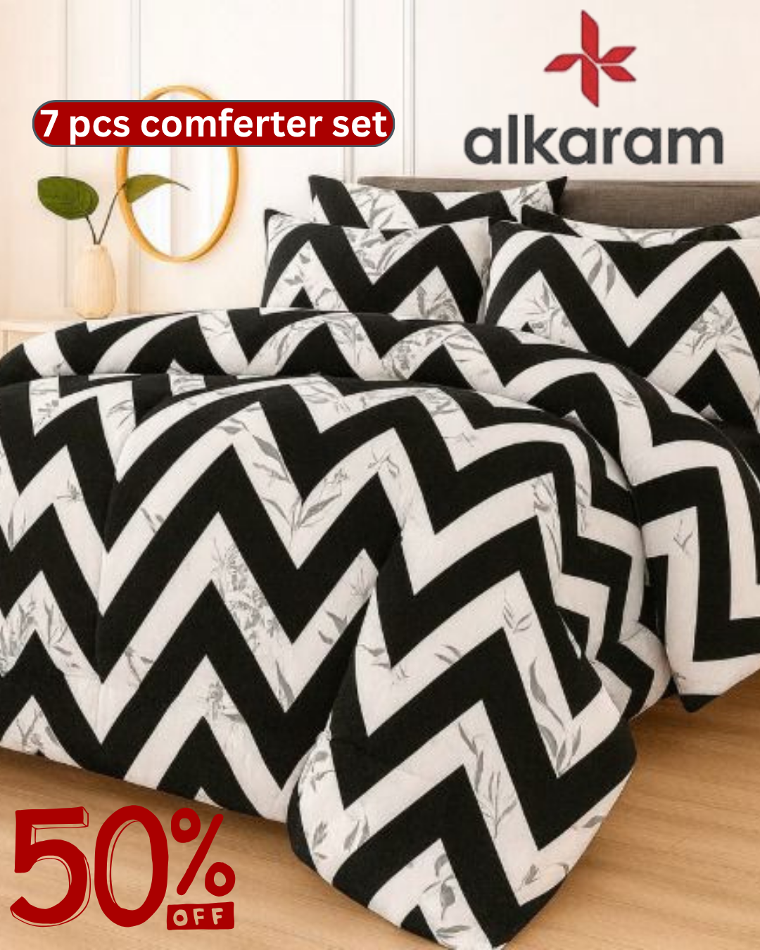 alkaram store Facebook ad: 7 PCS Comforter Set