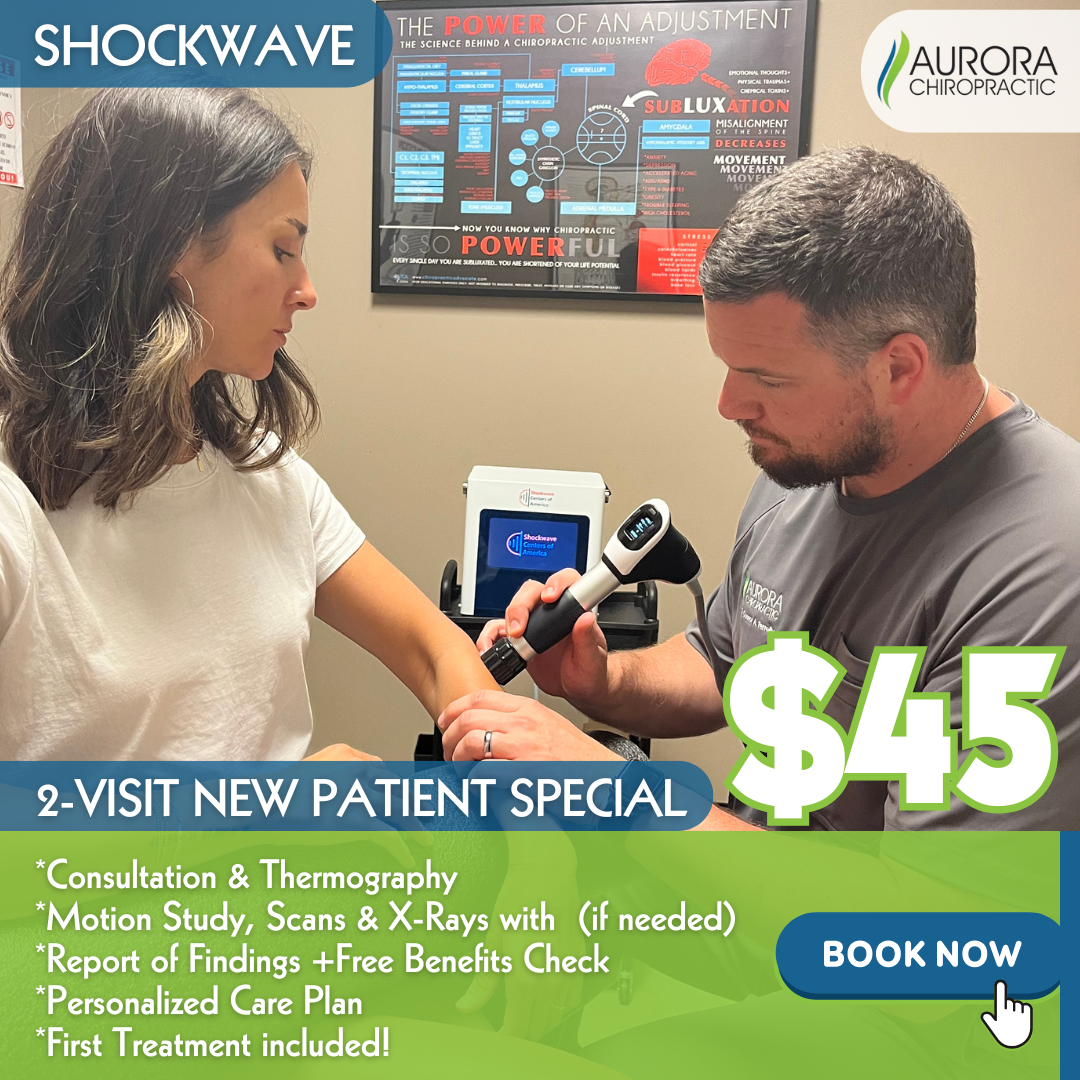 Aurora Chiropractic Facebook ad: Try Shockwave Therapy for ONLY 45!