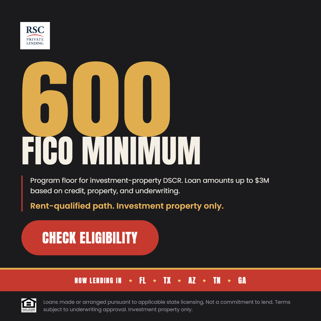 RSC Private Lending Facebook ad: 600 FICO minimum. DSCR path.
