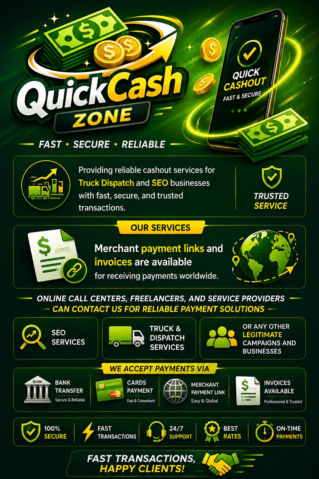 QuickCash Zone Facebook ad: We Providing reliable cashout services for Truck Dispatch…
