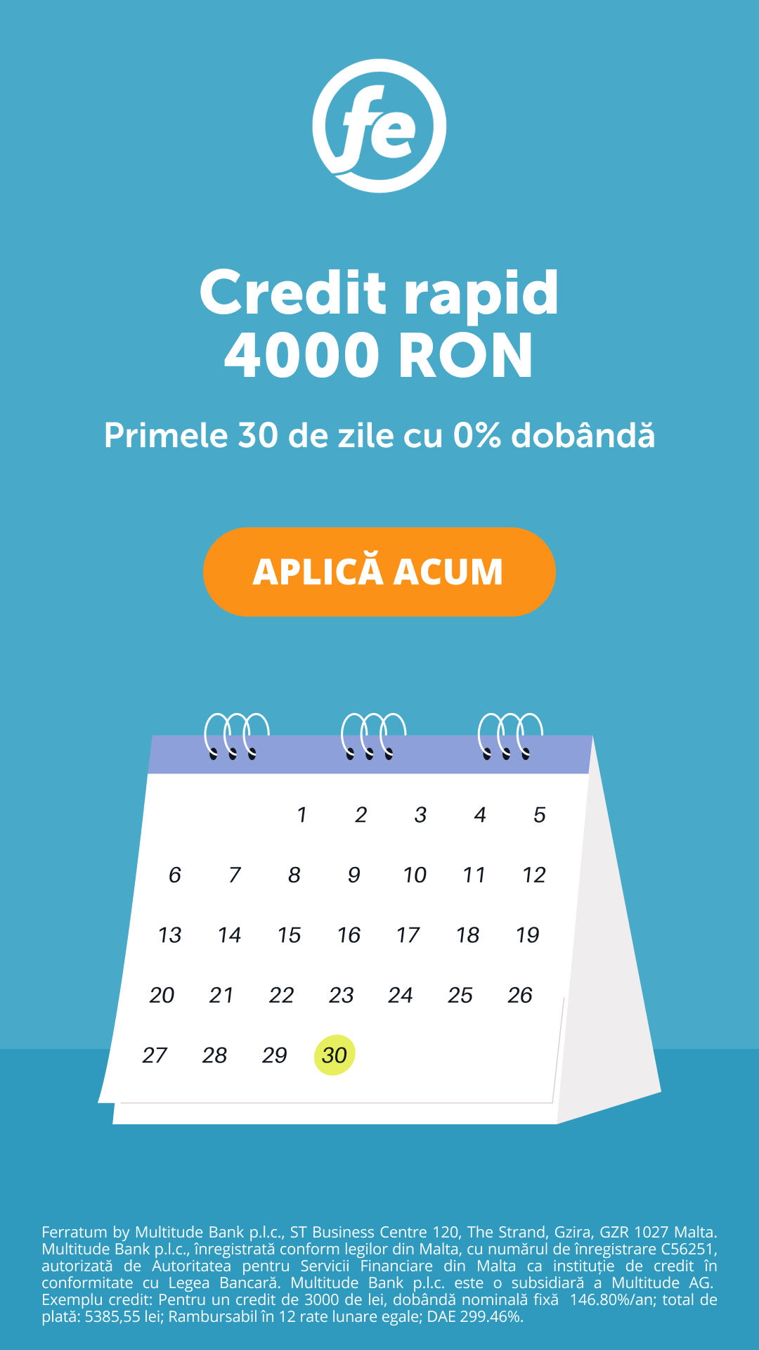 Ferratum Romania Facebook ad: Credit rapid până la 10000 RON. 100% online