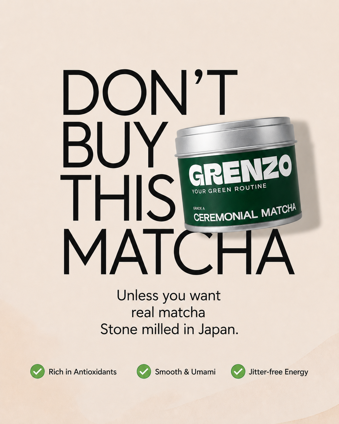 Grenzo Facebook ad: Stone-Milled. Japanese. Real Matcha.