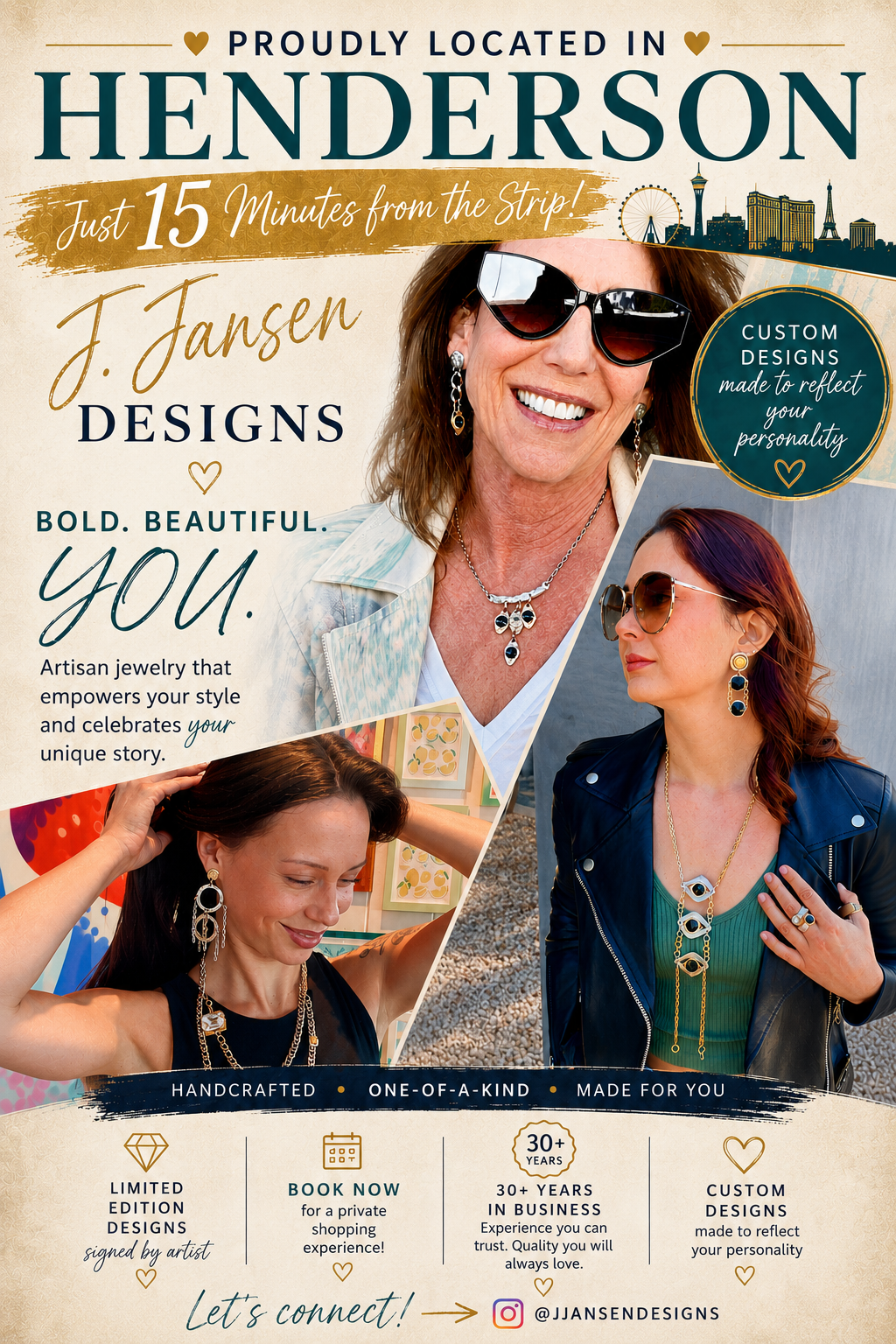 J. Jansen Designs Inc. Facebook ad: Custom Jewelry for Every Look, Right Here in Henderson NV