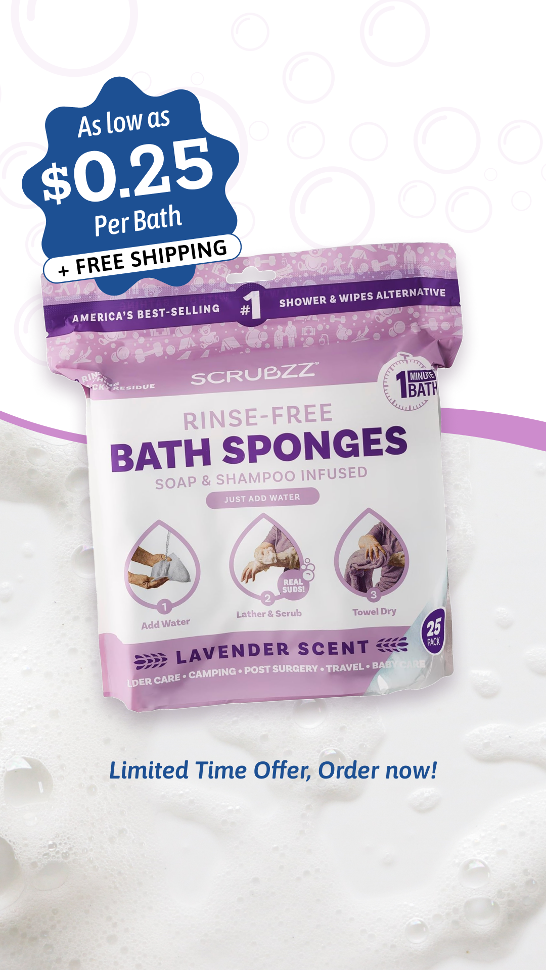 Scrubzz Bathing Sponges Facebook ad from Mar 25, 2025