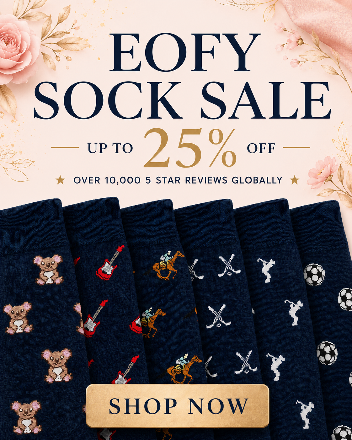 AusCufflinks Facebook ad: Up to 25% Off Socks, EOFY Sale
