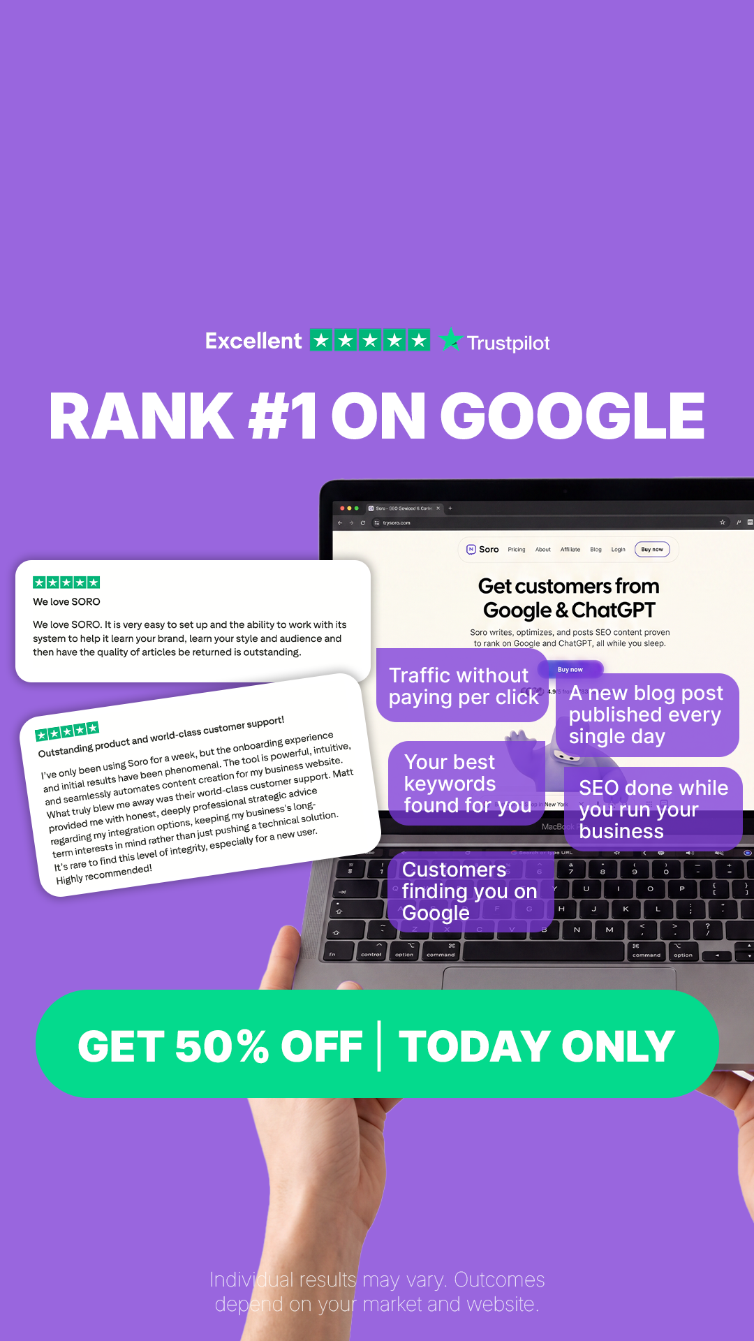 Soro SEO Facebook ad: Rank #1 on Google