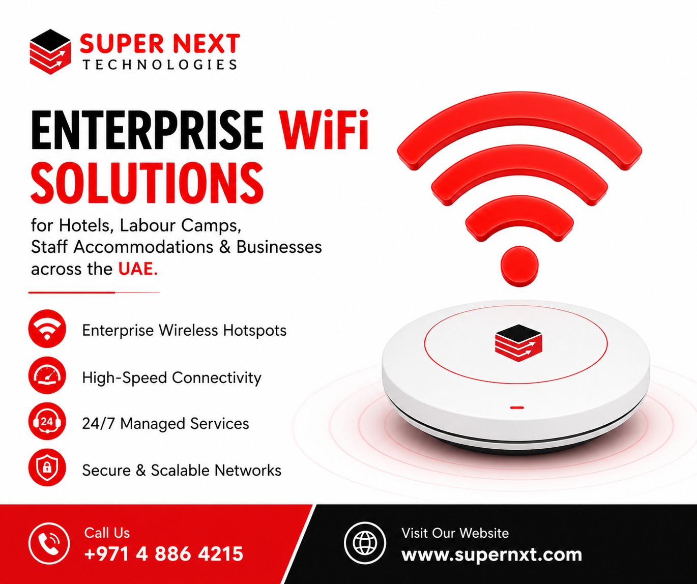 Super Next Technologies CO L.L.C Facebook ad: Enterprise WiFi Solutions for Hotels, Labour Camps, Staff…