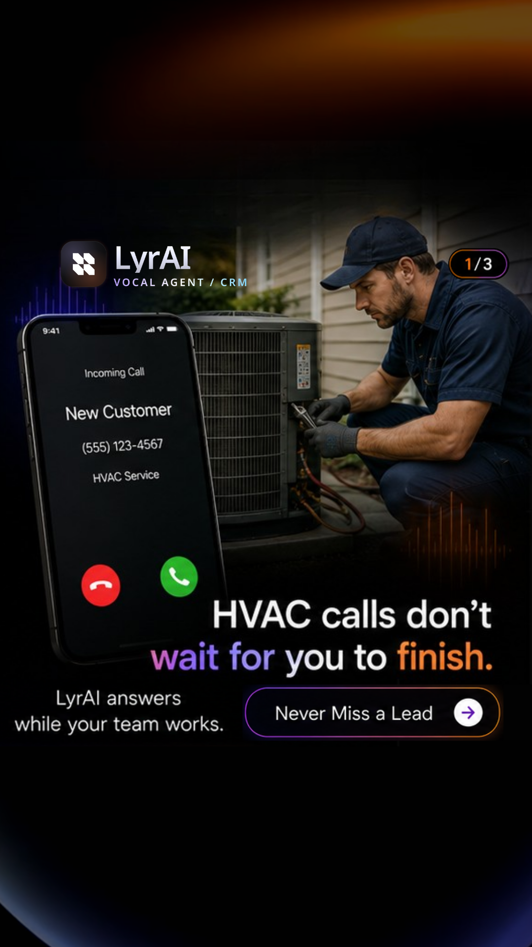 Lyrai AI Facebook ad: Stop missing calls.