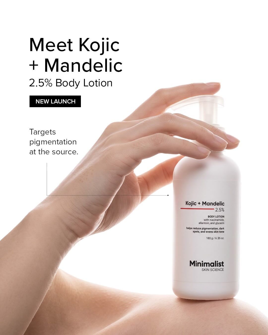 Minimalistinc Facebook ad: Introducing the Kojic + Mandelic 2.5% Body Lotion.