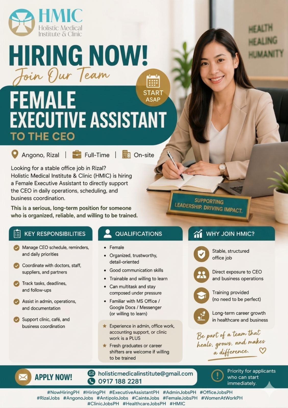 Holistic Medical Institute & Clinic Facebook ad: HIRING NOW: FEMALE EXECUTIVE ASSISTANT (OFFICE / ADMIN…