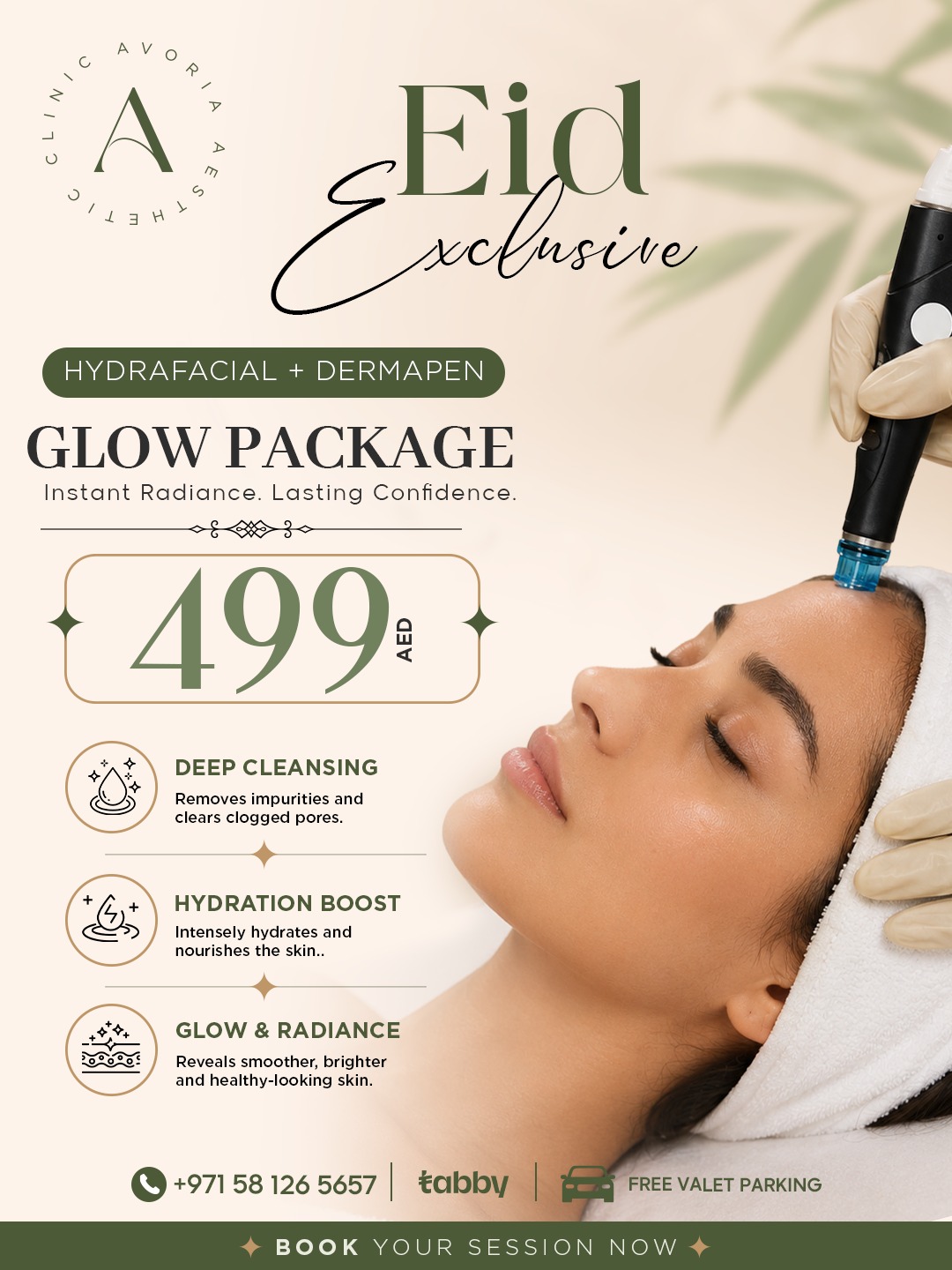 Avoria Aesthetic Clinic Facebook ad: Shine Bright This Eid with Avoria Clinic!