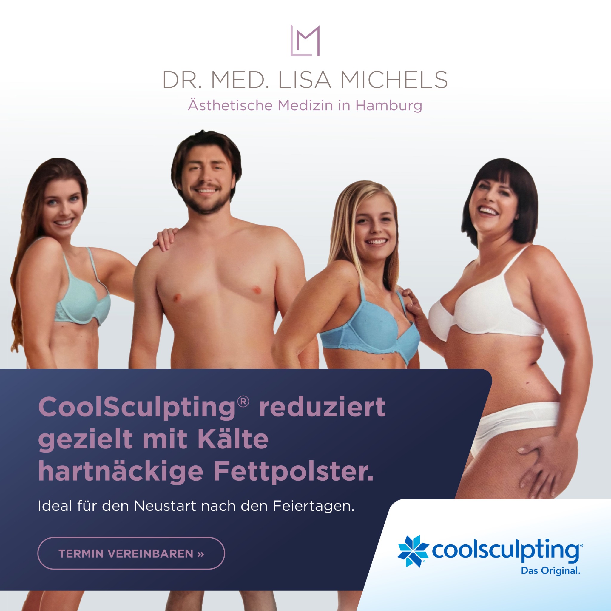 Dr. Lisa Michels Facebook ad: Fettpolster mit Kälte behandeln. Ganz ohne OP. Ganz einfach.