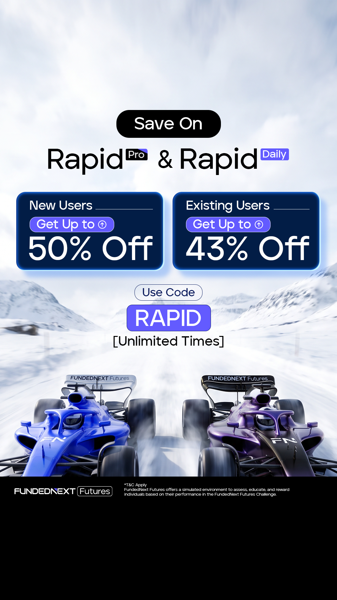 FundedNext Futures Facebook ad: Up to 50% Off FN Futures Rapid