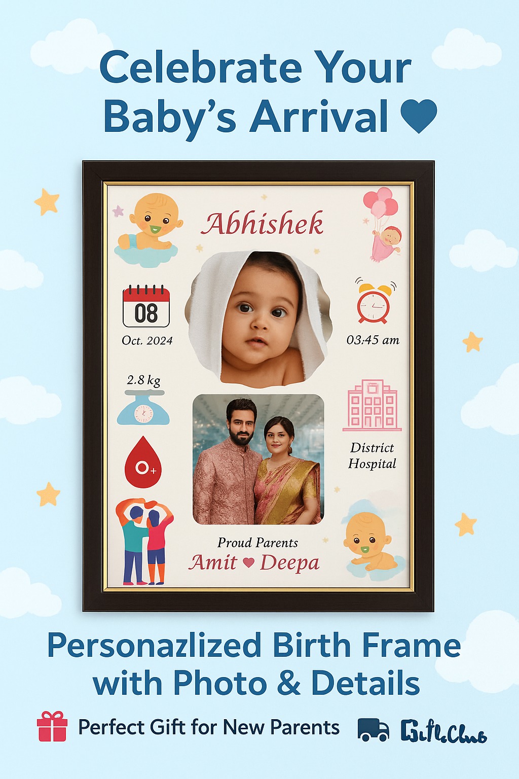 Giftoclub.com Facebook ad: Capture Baby’s Birth Day in One Beautiful Frame!