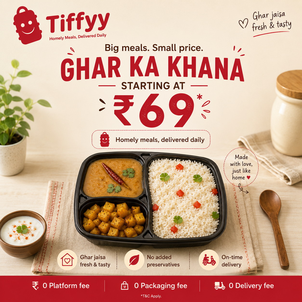 Tiffyy - Homely meals, Delivered daily Facebook ad: Free delivery, No platform charges