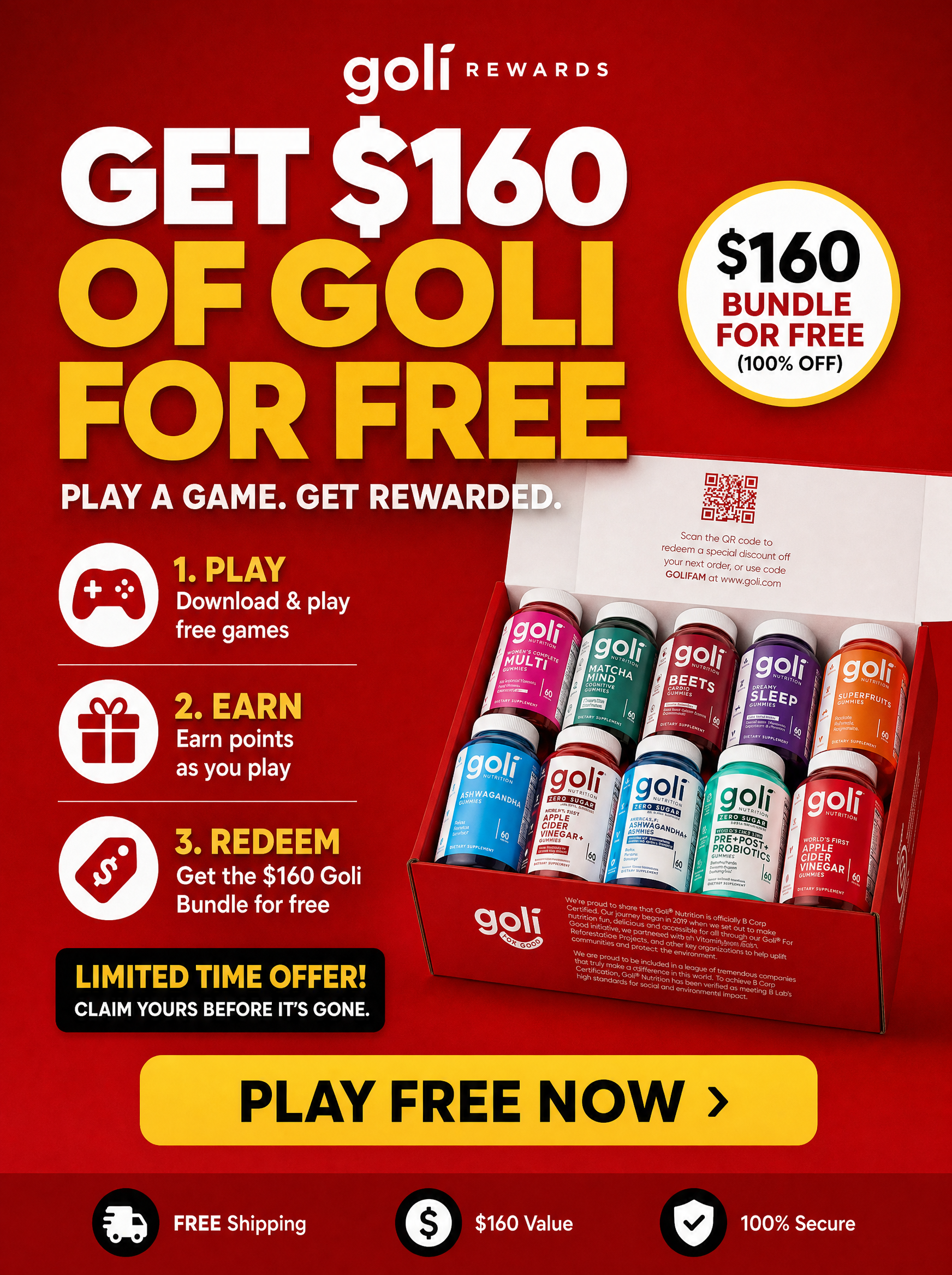 Goli Facebook ad: Play Games → Get $160 In Goli FREE