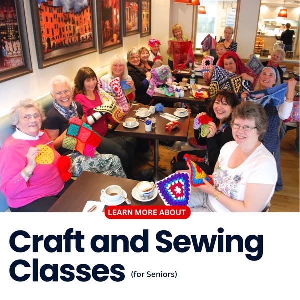 Brain Tickle Facebook ad: discover friendly craft and sewing classes for seniors…
