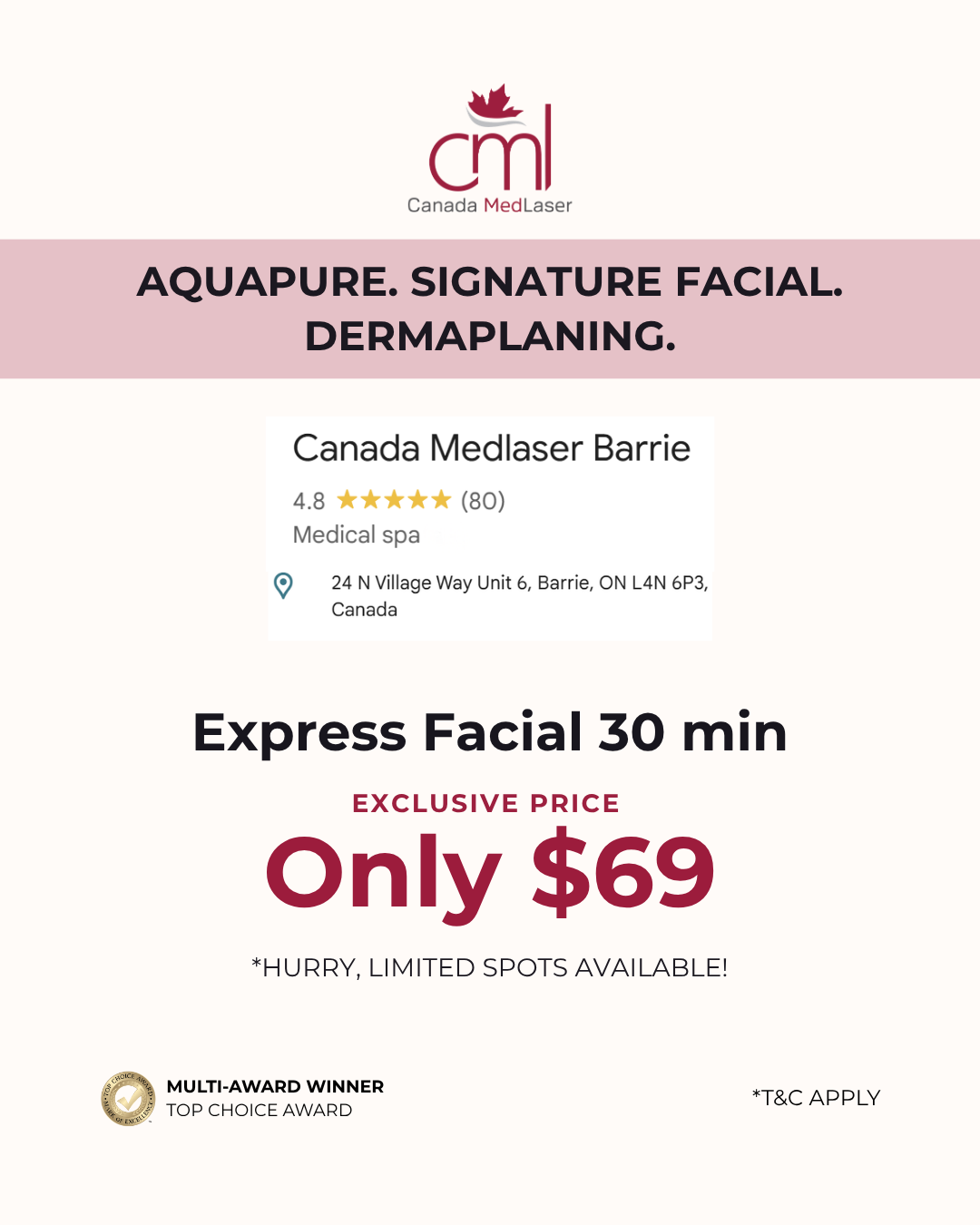 Canada MedLaser Clinics - Specials Facebook ad: Premium Express Facial - Limited Spots! Book Now