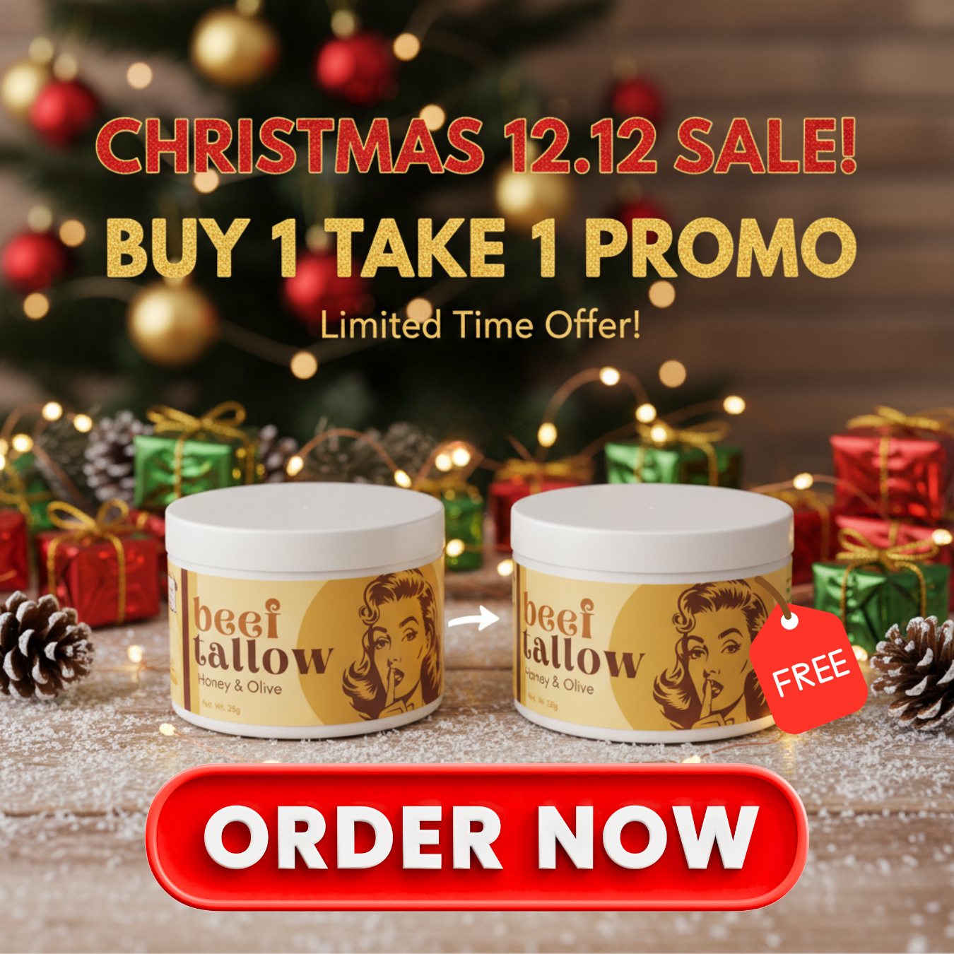 Premium Beef Tallow Facebook ad: 12.12 Christmas Deal, Buy 1, Get 1 FREE!