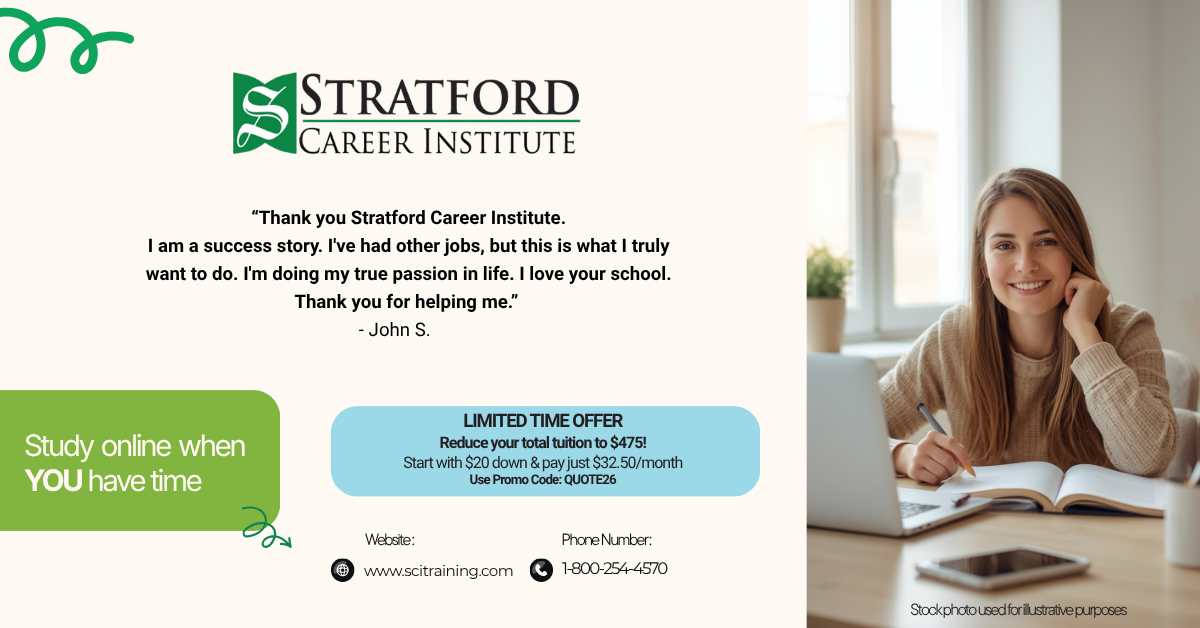 Stratford Career Institute Facebook ad: Train for the Career You Want-Study at Home on Your Schedule