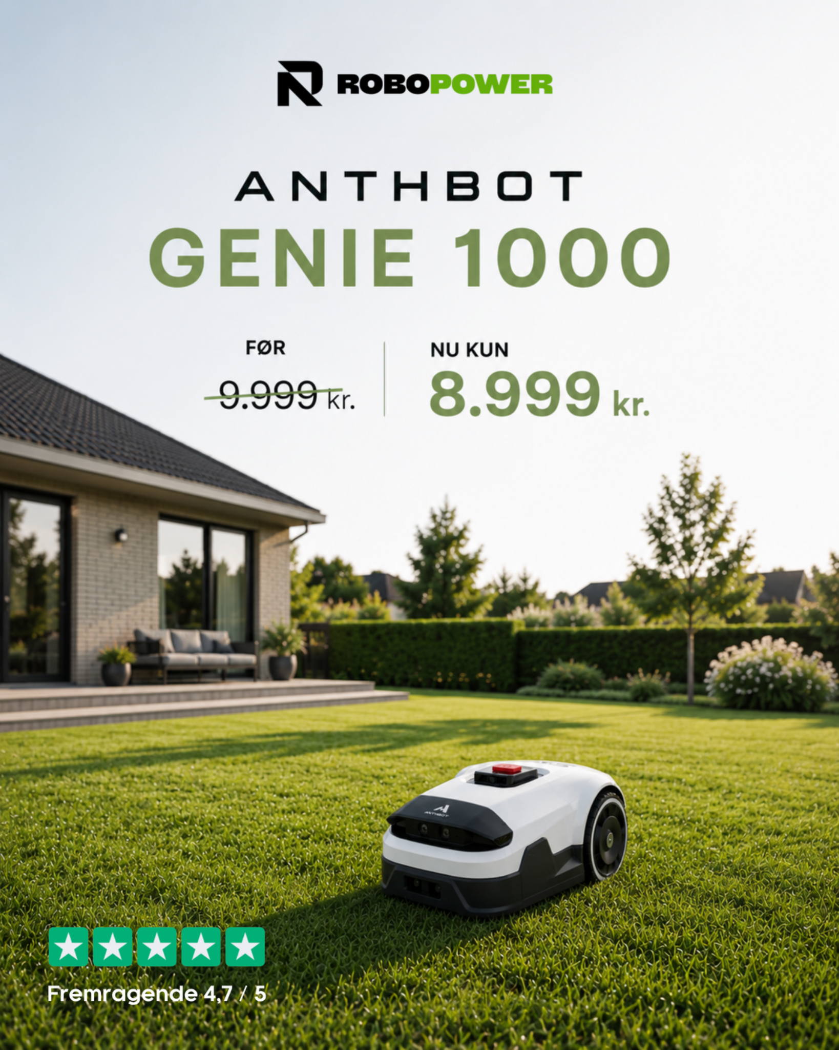 Robopower - robotplæneklippere med bedre service Facebook ad: Din nye havemand, kun 8.999 kr.