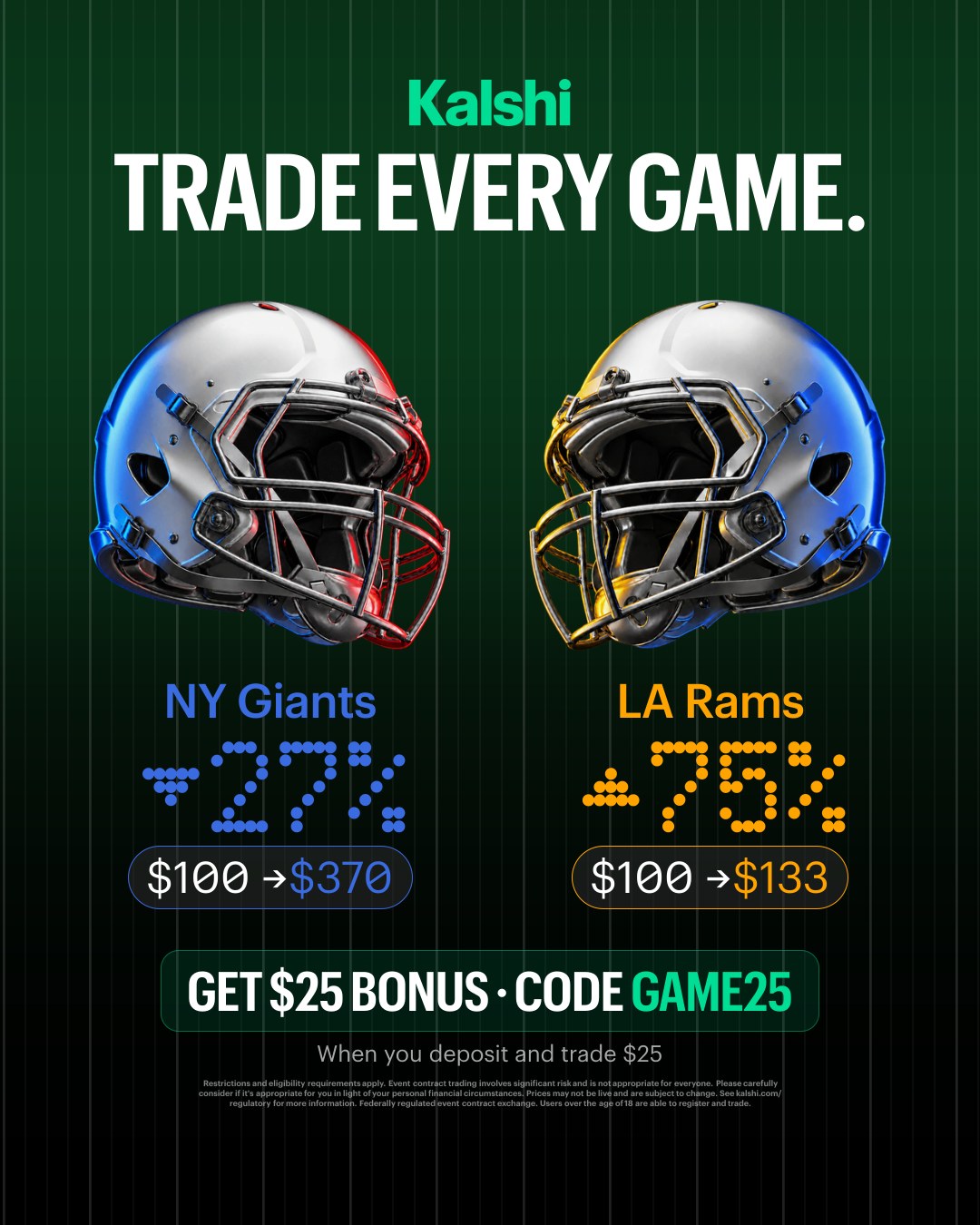 Kalshi - Trade the Headlines Facebook ad: Trade on Sports with Kalshi.