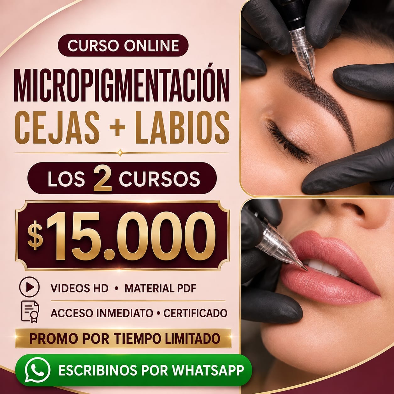 Aprende maquillaje profesional online Facebook ad: CURSO DE MICROPIGMENTACIÓN DE CEJAS + LABIOS