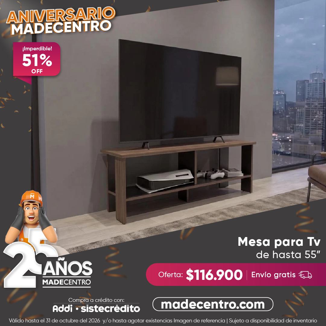 Madecentro Colombia SAS Facebook ad: Mesa para Tv de hasta 55 color castaño y wengue 51% OFF +…