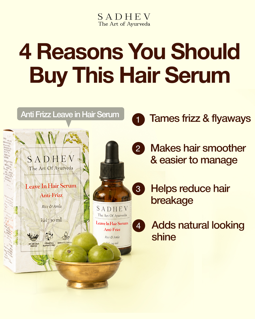 Sadhev Facebook ad: Control Frizz with Lightweight Leave-In Hair Serum