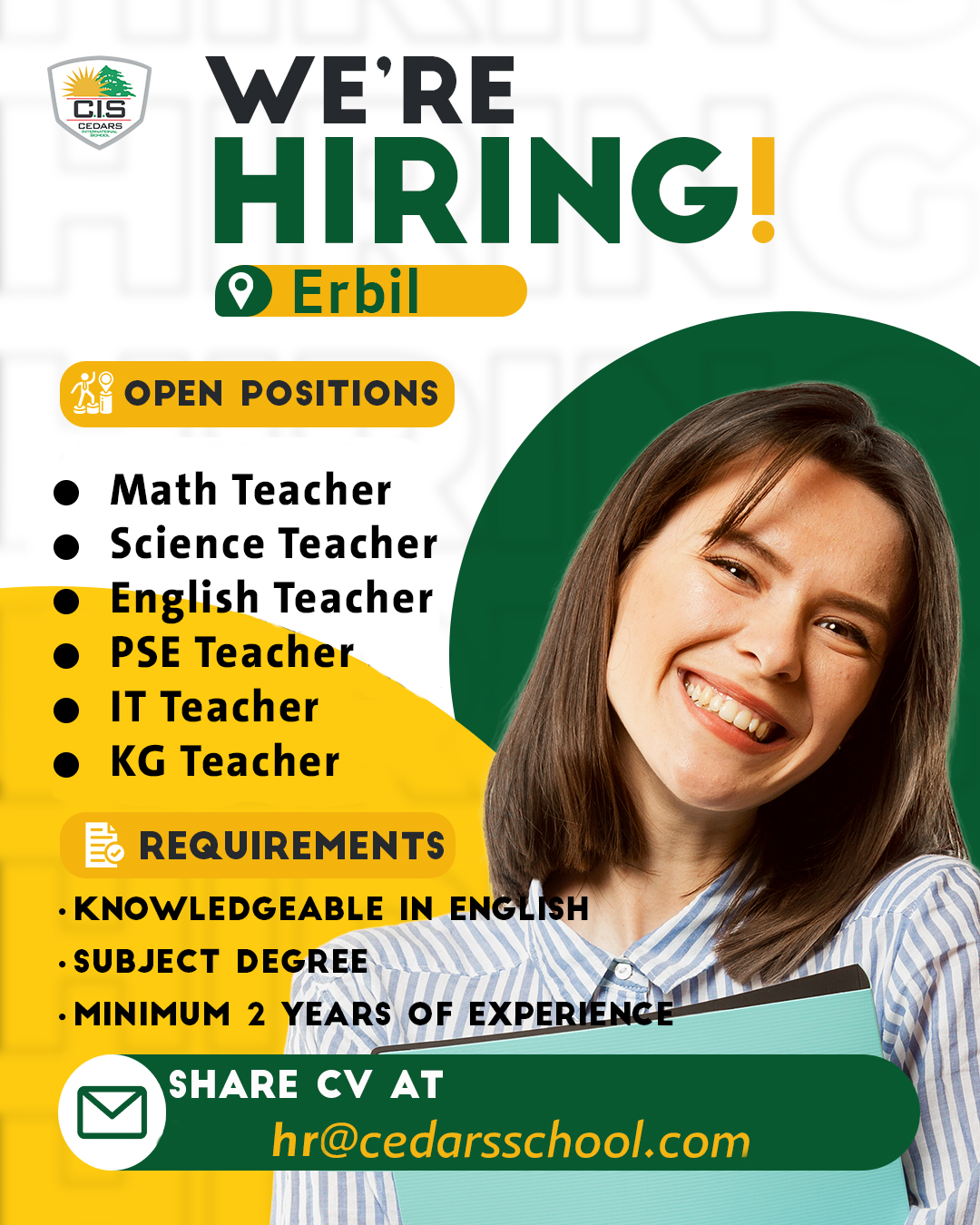 Cedars International School Erbil Facebook ad: Share your CV.
