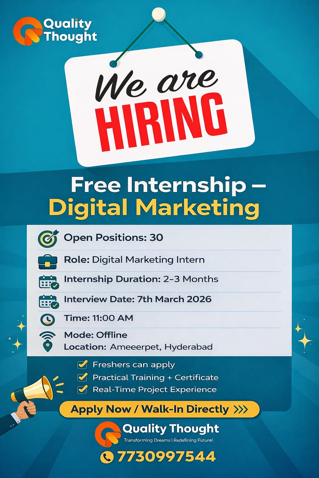 Quality Thought Technologies Facebook ad: Free Digital Marketing Internship, Apply Now