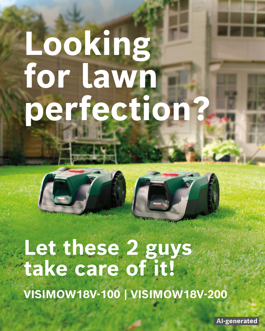 Bosch DIY and Garden Facebook ad: Imagine spending less time mowing and more time…
