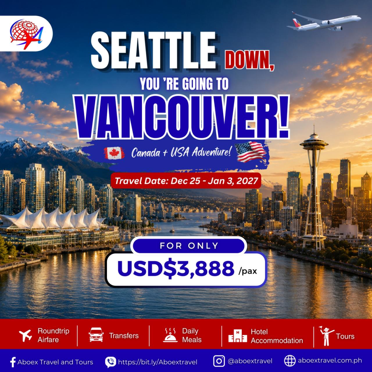 ABOEX TRAVEL AND TOURS Facebook ad: Travel to Canada and USA now with Aboex!