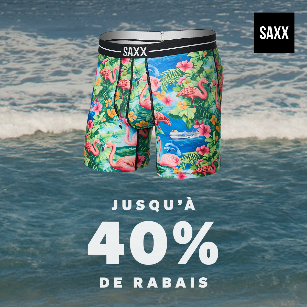 SAXX Underwear Facebook ad: Jusqu'à 40 % de rabais.