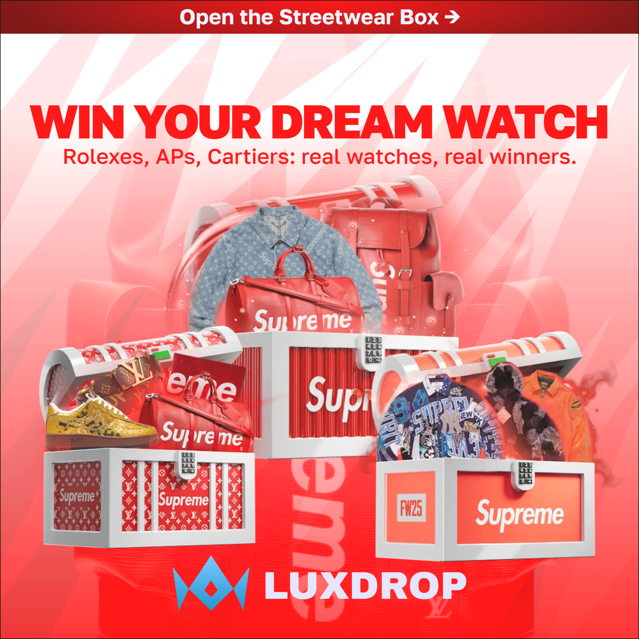 Playluxdrop Facebook ad: Unbox Rolexes, Sports Card, Sneakers, and more.
