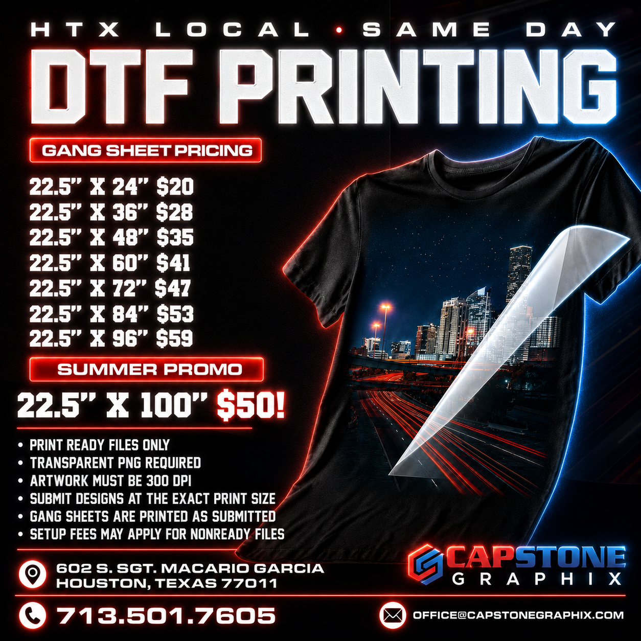 Capstone Graphix Facebook ad: Fast Local DTF Printing in Houston