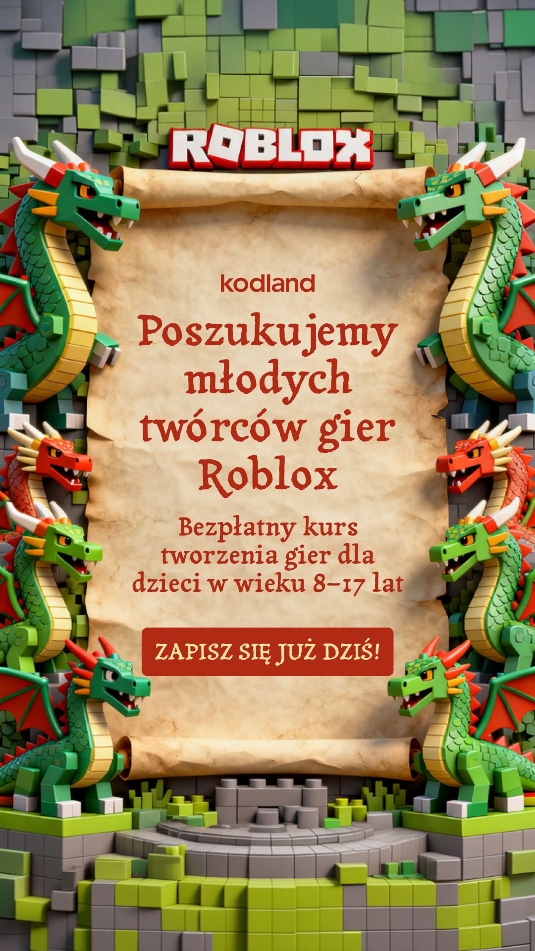 Kodland Polska Facebook ad: Darmowy kurs tworzenia gier w Roblox!