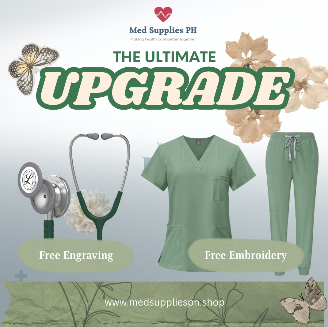 MedSupplies PH Facebook ad: The Ultimate UPGRADE: Premium Scrubs + Precision Stethoscope