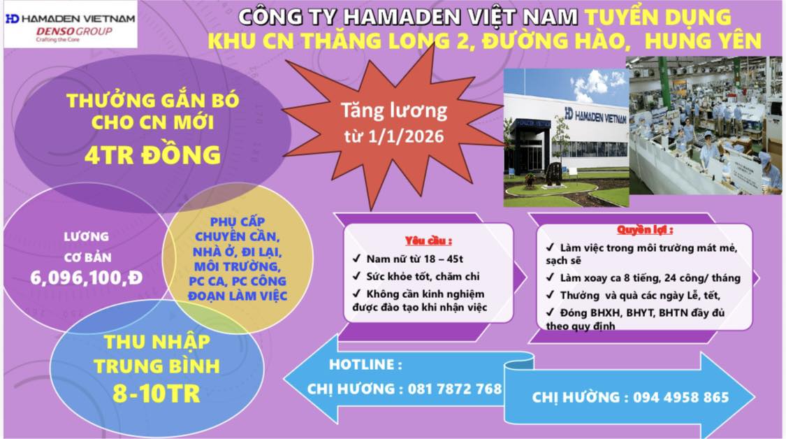 Cty Hamaden tuyển dụng Facebook ad: CÔNG TY HAMADEN CHUYÊN SẢN XUẤT LINH KIỆN…