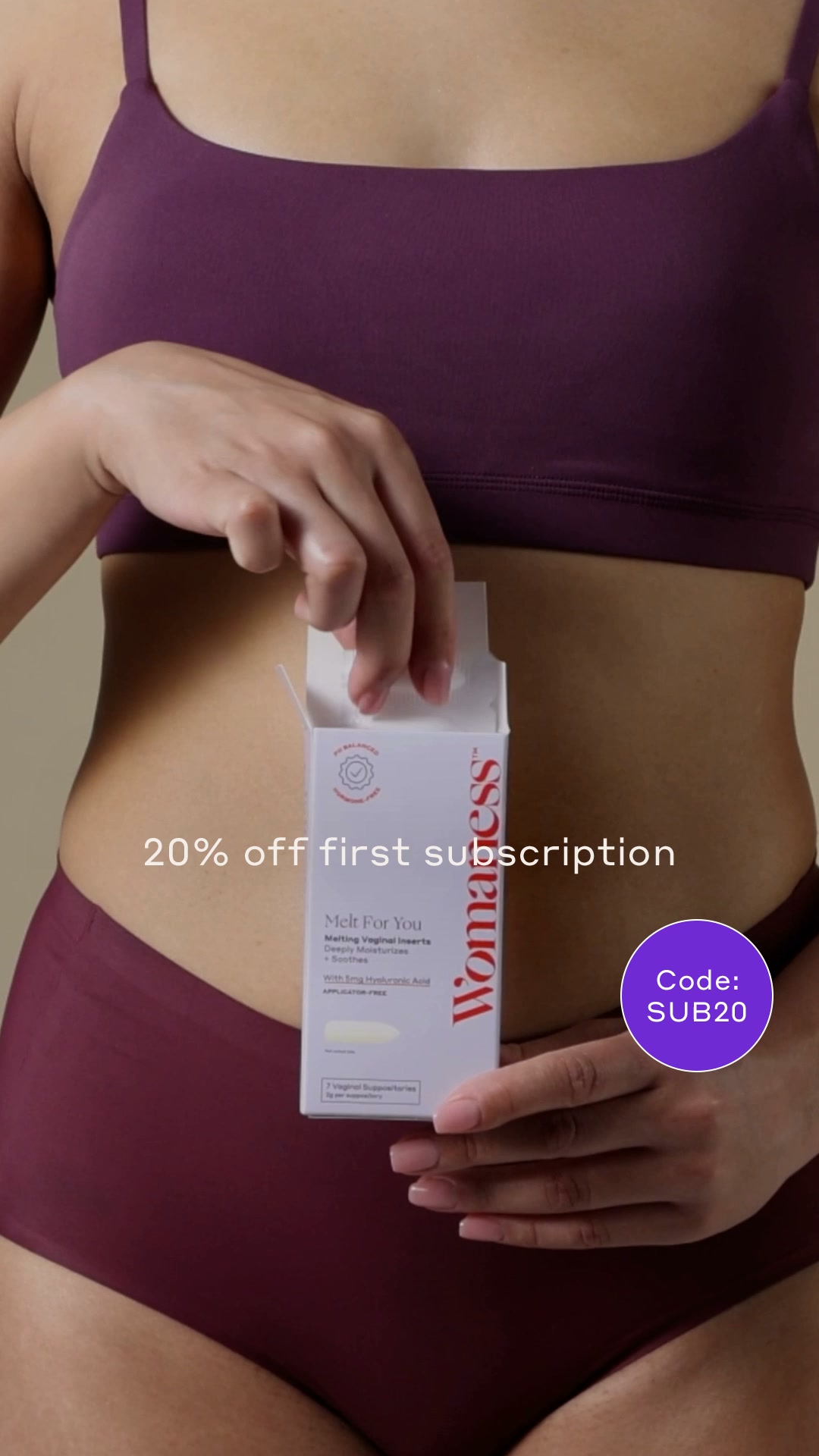 Womaness Facebook ad: Get 20% Off - First Subscription.