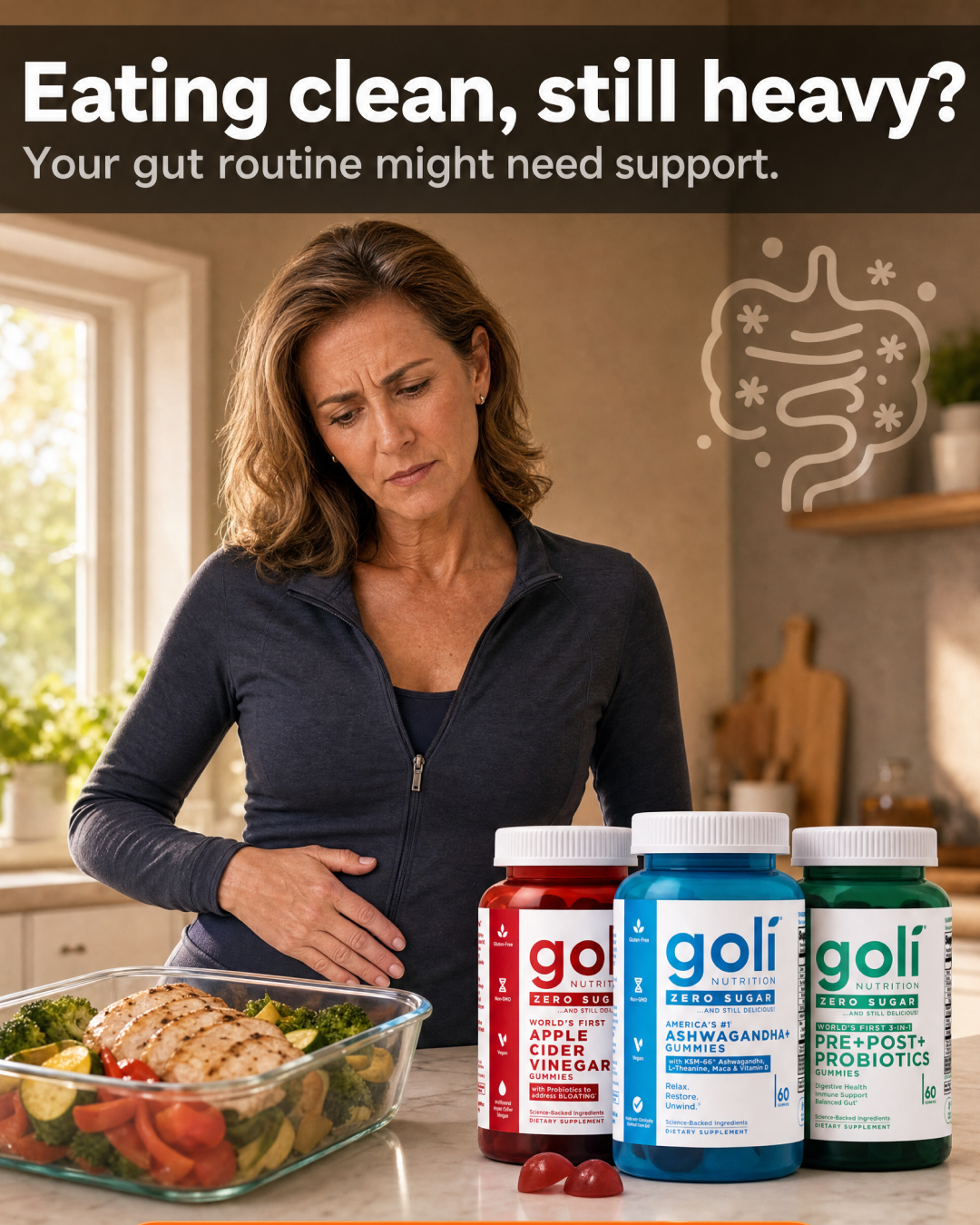 Goli Facebook ad: Digestion, Gut & Stress in Three Gummies