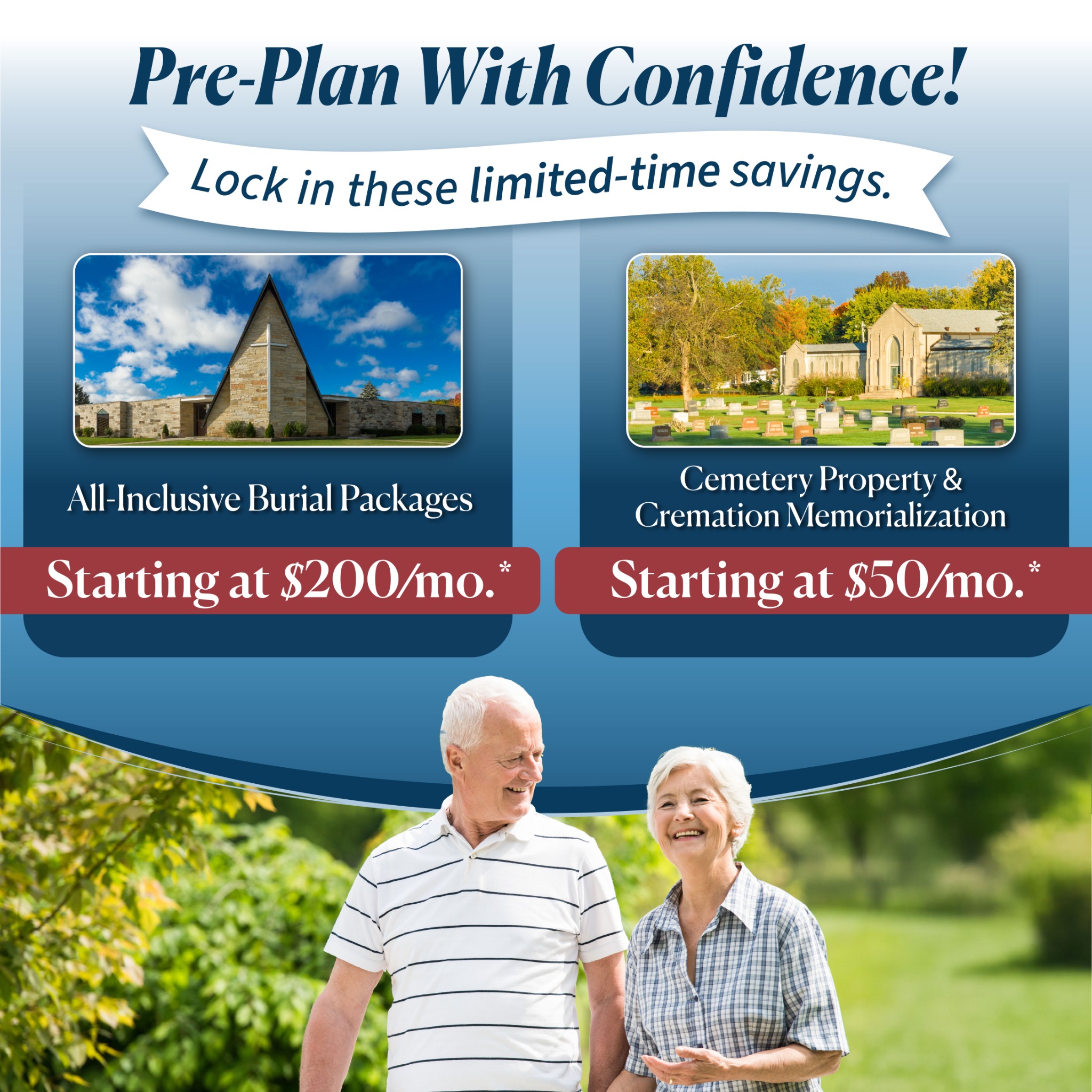 Graceland-Fairlawn Funeral Home and Cemetery Facebook ad: Plan Ahead & Lock In Savings Today.