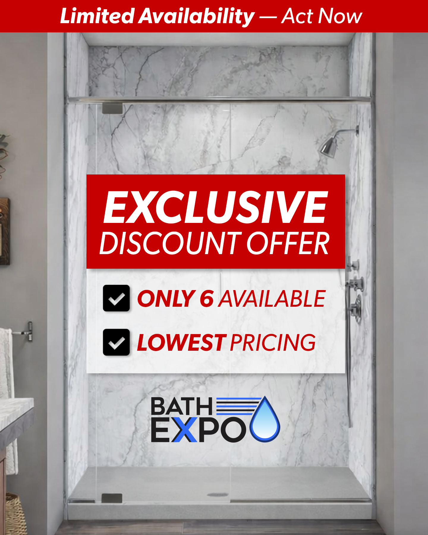 Bath Expo Cleveland Facebook ad: Only 6 Walk-In Showers Available, See If You Qualify