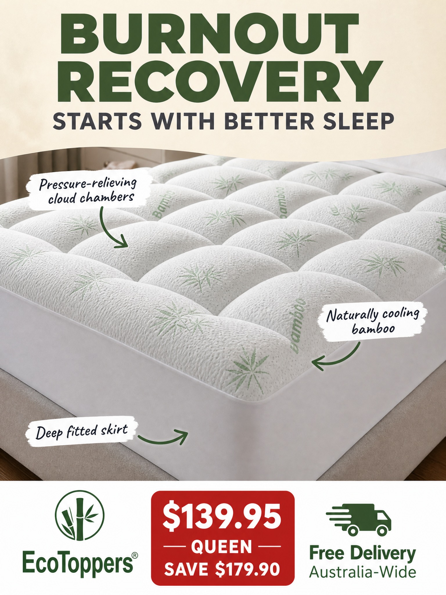 Ecotoppers Facebook ad: Your Body Is Asking For One Thing. Rest.